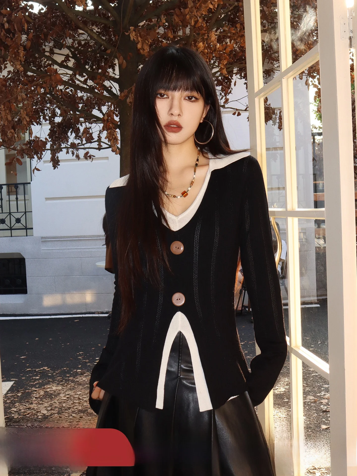 

Вязаный топ с V-образным вырезом в стиле ретро, цветной, приталенный, с разрезом, длинными рукавами, модный, повседневный, для женщин