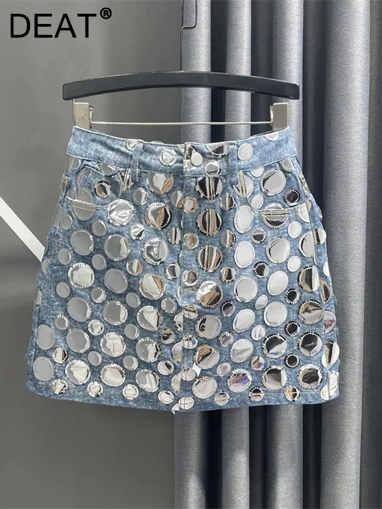 DEAT Women's Denim Skirt High Waist Circular Sequin Patchwork Wrap Hip Blue Short Miniskirts 2025 Spring New Fashion 29L4143