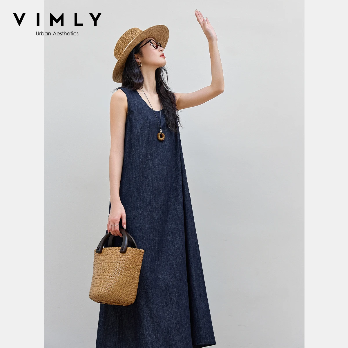 VIMLY Midi Dresses 2025 New Women Autumn Vintage Denim Sleeveless Dress Pure Cotton Loose Ladies Dresses Female Clothing M9821