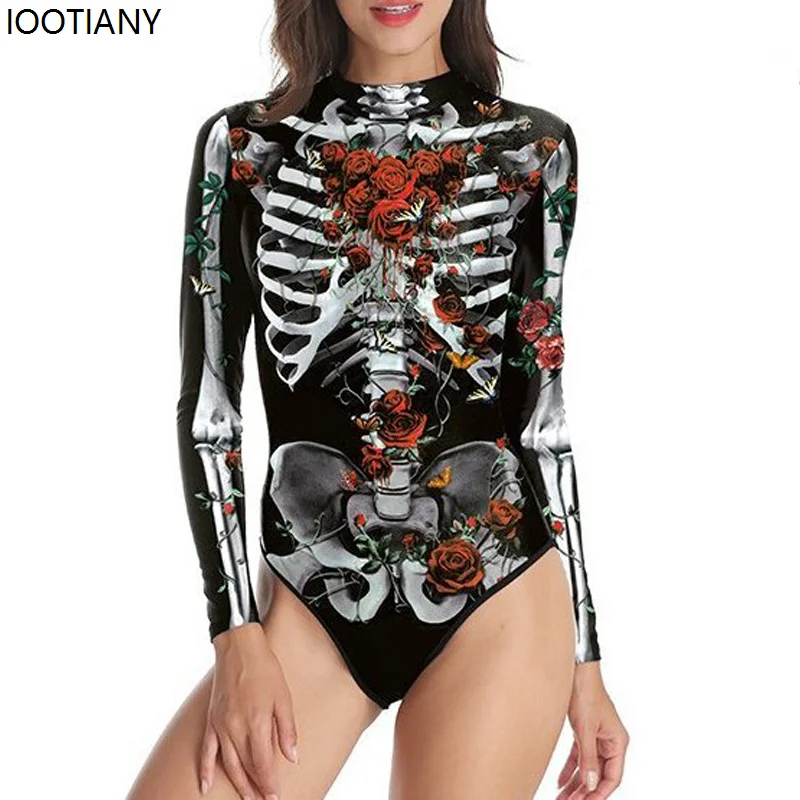 

New Women Sexy Jumpsuit Halloween Horror Skeleton Cosplay Swimsuit Punk 3D Print Long Sleeve Swimwear Carnival Party Seaside Set