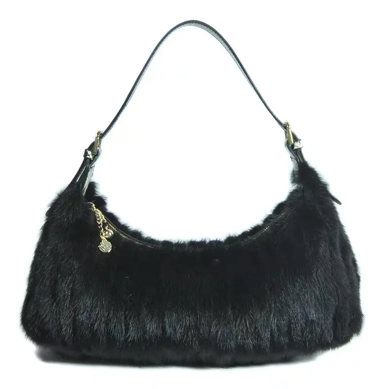 Geniue Mink Fur Bag Women Party Crescent Bag Real Fur Handbag Luxury Crossbody Bag Soft Shoulder Bags