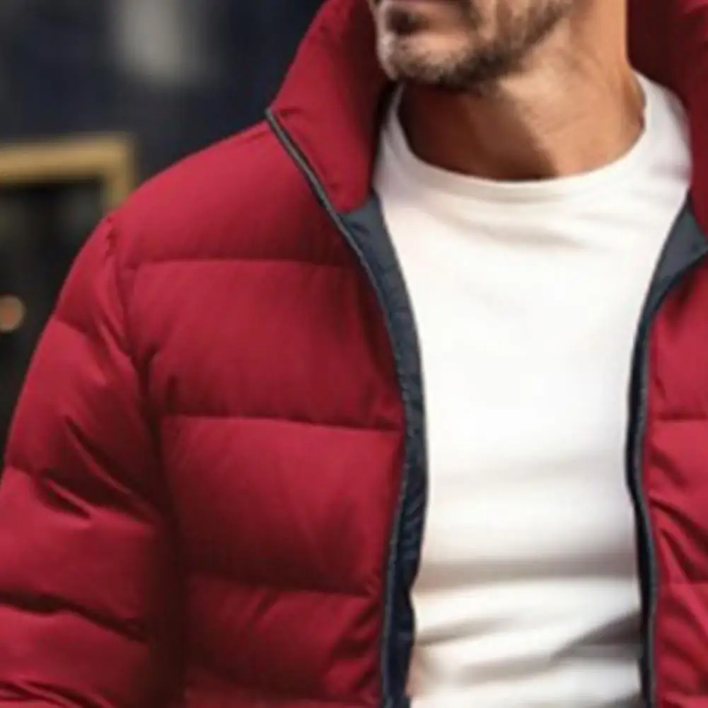 Men Coat Stand Collar Long Sleeve Full Zipper Closure Quilted Jacket Thickened Loose Fit Puffer Coat