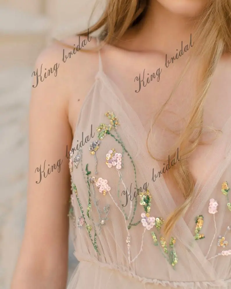 فستان زفاف بفتحة من التول مفتوح الظهر لحفلات الزفاف مطرز يدويًا بدون أكمام على شكل حرف a فستان زفاف فساتين سهرة للحفلات الراقصة