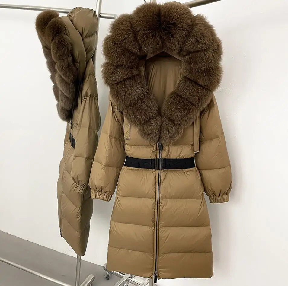 Delle nuove donne di Spessore Caldo 90% Piumino D'anatra Bianca Cappotto Lungo Giacca Invernale da Donna Reale Grande Pelliccia di Volpe Cintura Del Collo Allentato Piumino Parka