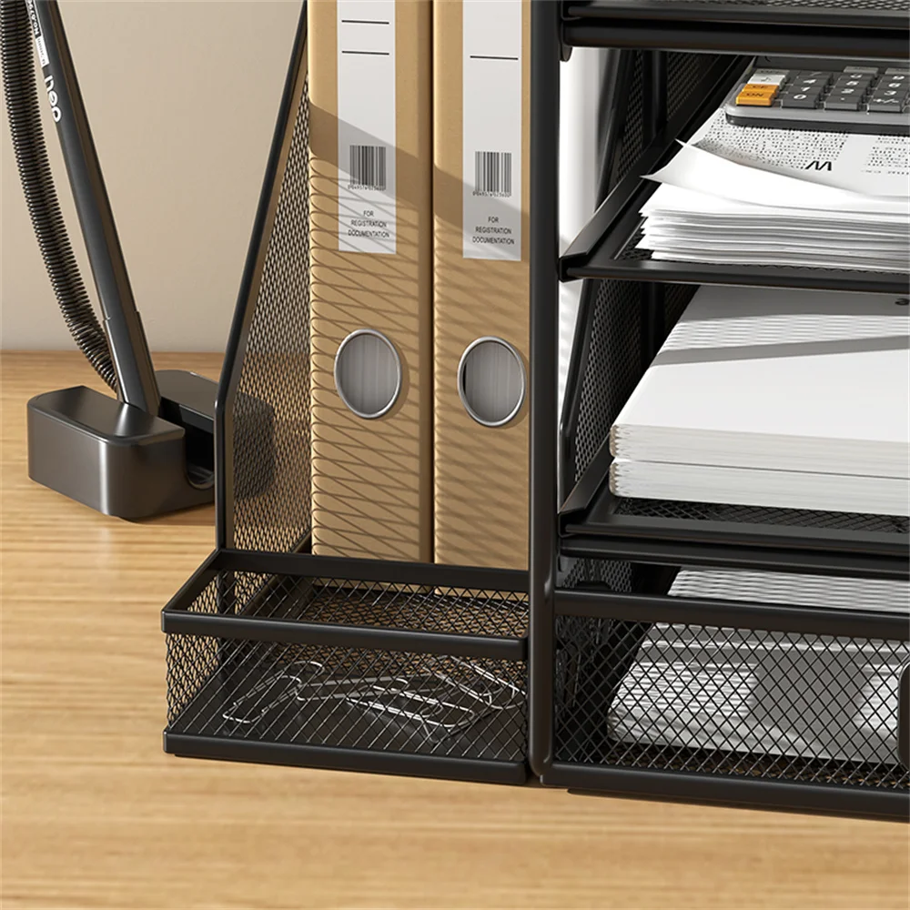 Desk Organizer With File Holder, 4-TIER Letter Tray Organizer With Sliding Drawer And 1 Pen Holder, Metal Mesh Desktop Organizer