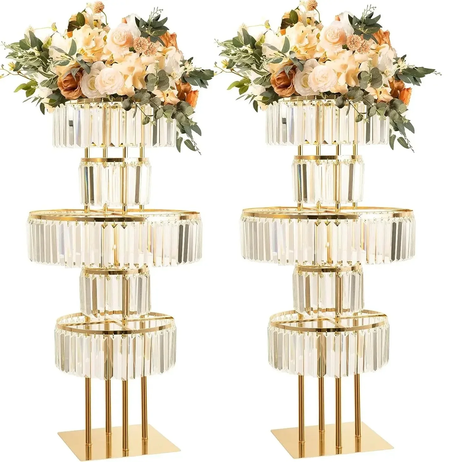 5-Tier round Acrylic Flower Stand Gold Wedding Chandelier Base Centerpiece with Hanging Vase for Party Decor