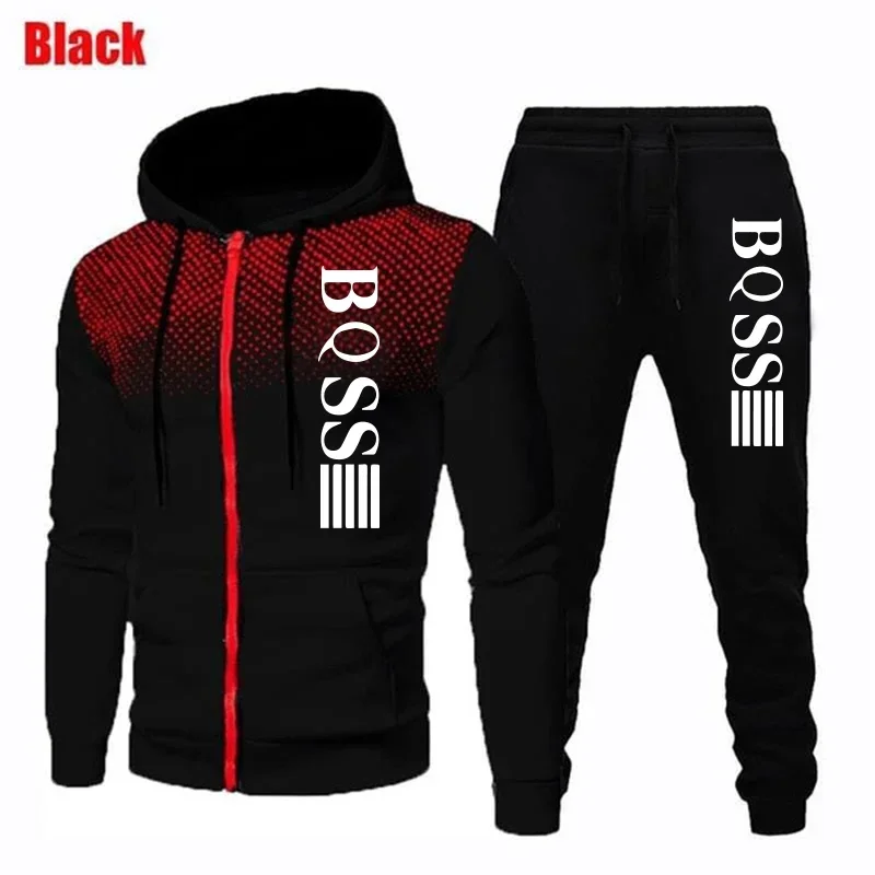 Men's zipper hooded sports print leisure suit fitness men's spring and autumn morning run basketball running training suit