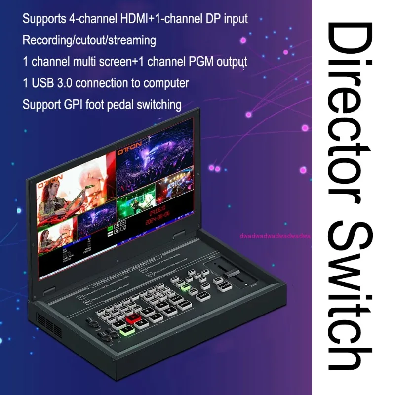 

Guide switch, 4-way HDMI video switching, support for DP input, recording / keying / push stream, GPI foot pedal switching
