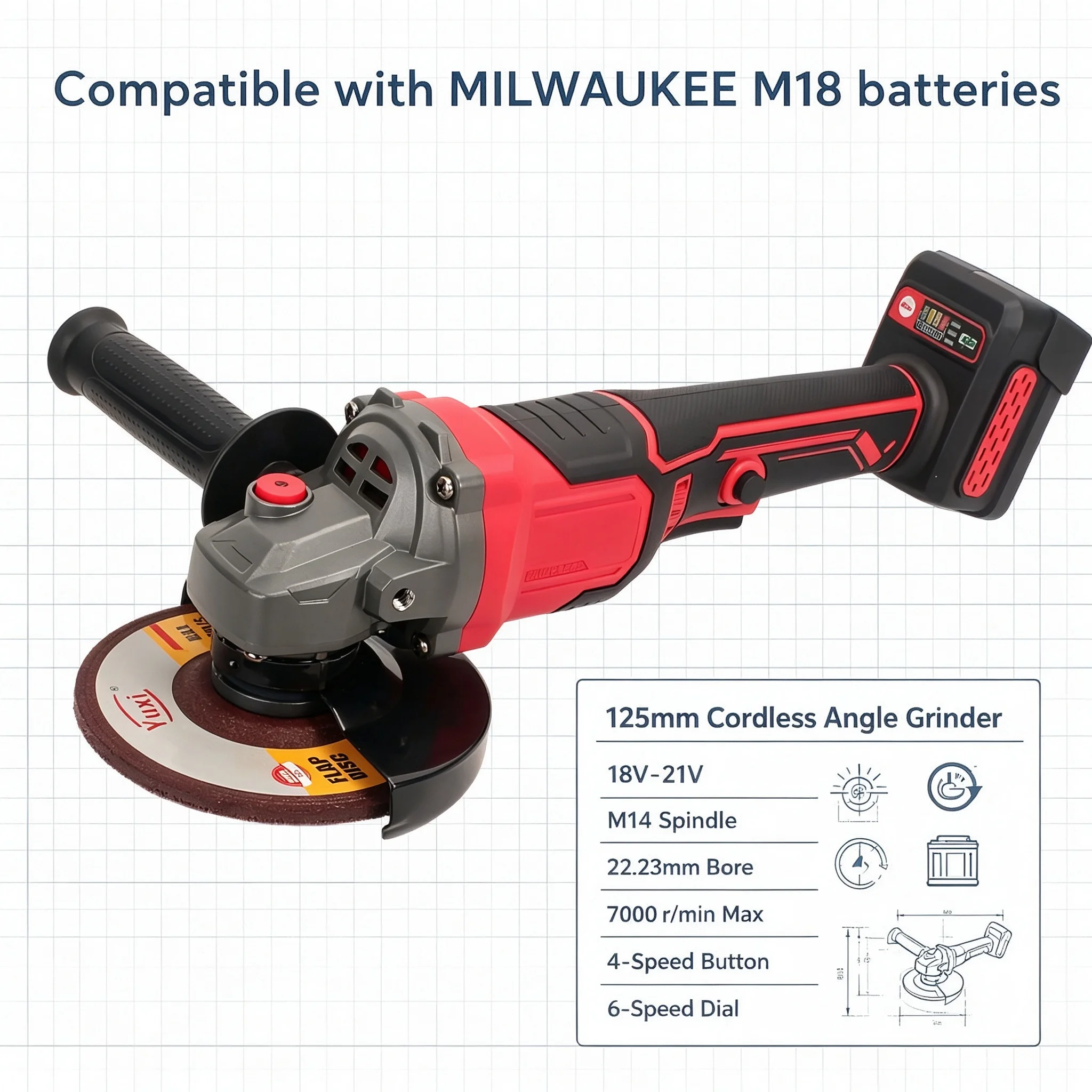 Cordless Brushless 125mm M14 Electric Angle Grinder Power Tools Compatible with MILWAUKEE M18 Battery Pin for Cutting