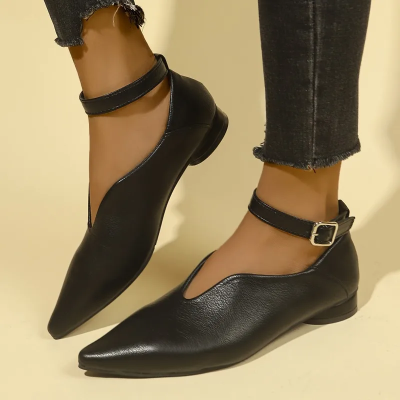 

Sexy Pointed Toe Soft Leather Flats Shoes for Women Autumn Ankle Strap Metal Buckle Design Women Shoe Elegant Pumps Flats Shoes