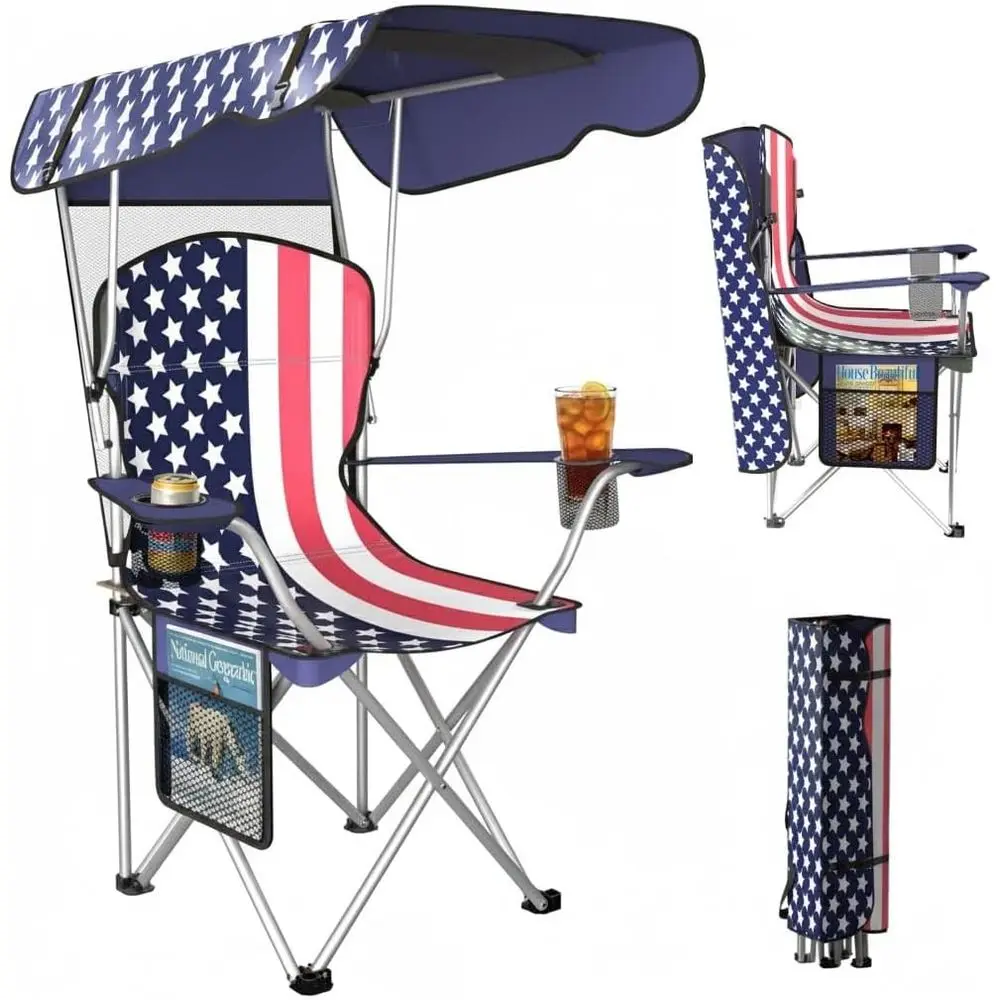 Portable olding Camping Chairs with Shade, Beach Chair or Adults, Durable Weather Resistant 600D rd Cloth, Camping Chair with or