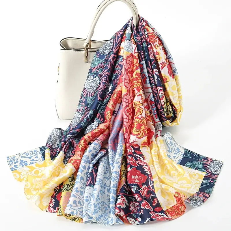 Floral Printed Silk Satin Scarf Elegent Shawl Fallow Travel Head Wrap Women Outdoor Windproof Shawls 180*90cm