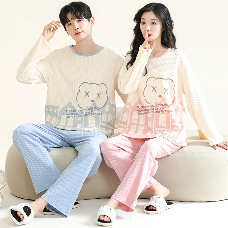 Spring Autumn Knitted Cotton Cartoon Men's Pyjamas Long Pajamas Set Casual Male Sleepwear Night Pijamas 3XL Homewear Women