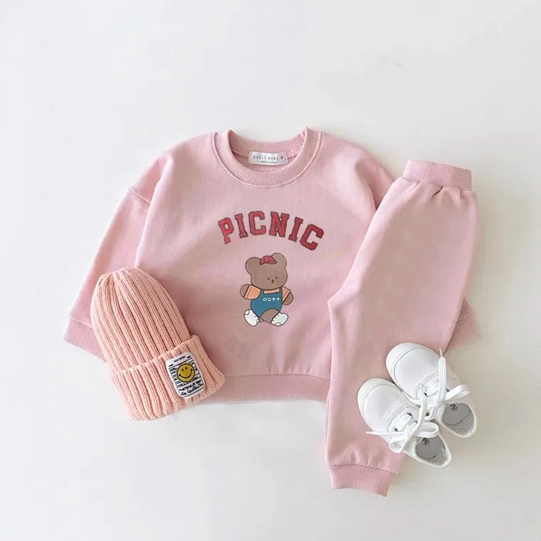 Cute Bear Printing Sweatshirts Suits Simple Casual Trendy Hoodies Sets Kid Loose Long-sleeved Tracksuits Children Autumn Clothes