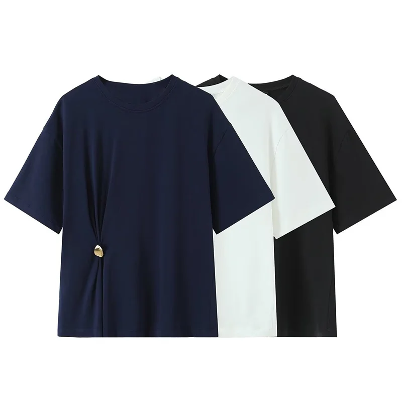 Women's Top 2026 Summer New Style Solid Color Short Sleeve Round Neck Pleated Decorated T-Shirt Casual Fashion Simple