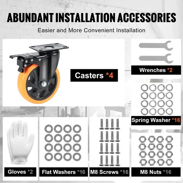 5-inch Swivel Casters, Set of 4, PVC No Noise, 450 lbs, Locking, Non-Marking for Cart Furniture