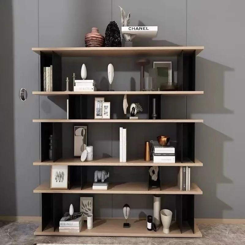 Italian minimalist multi-layer bookshelf, black paint bookcase, simple floor-to-ceiling home display cabinet
