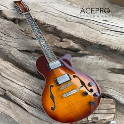 Vintage Sunburst 12 String Semi Hollow Body Electric Guitar, Abalone Flower Inlays, Flame Maple Top, High Quality Guitarra