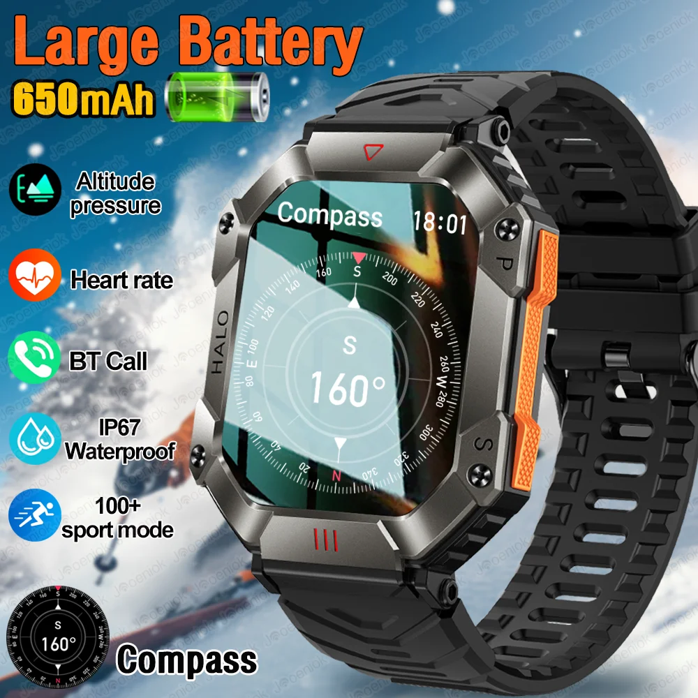 Military Outdoor Compass Smart Watch Men 650mAh Large Battery Altitude Heart Rate Monitor Waterproof Fitness BT Call Smartwatch