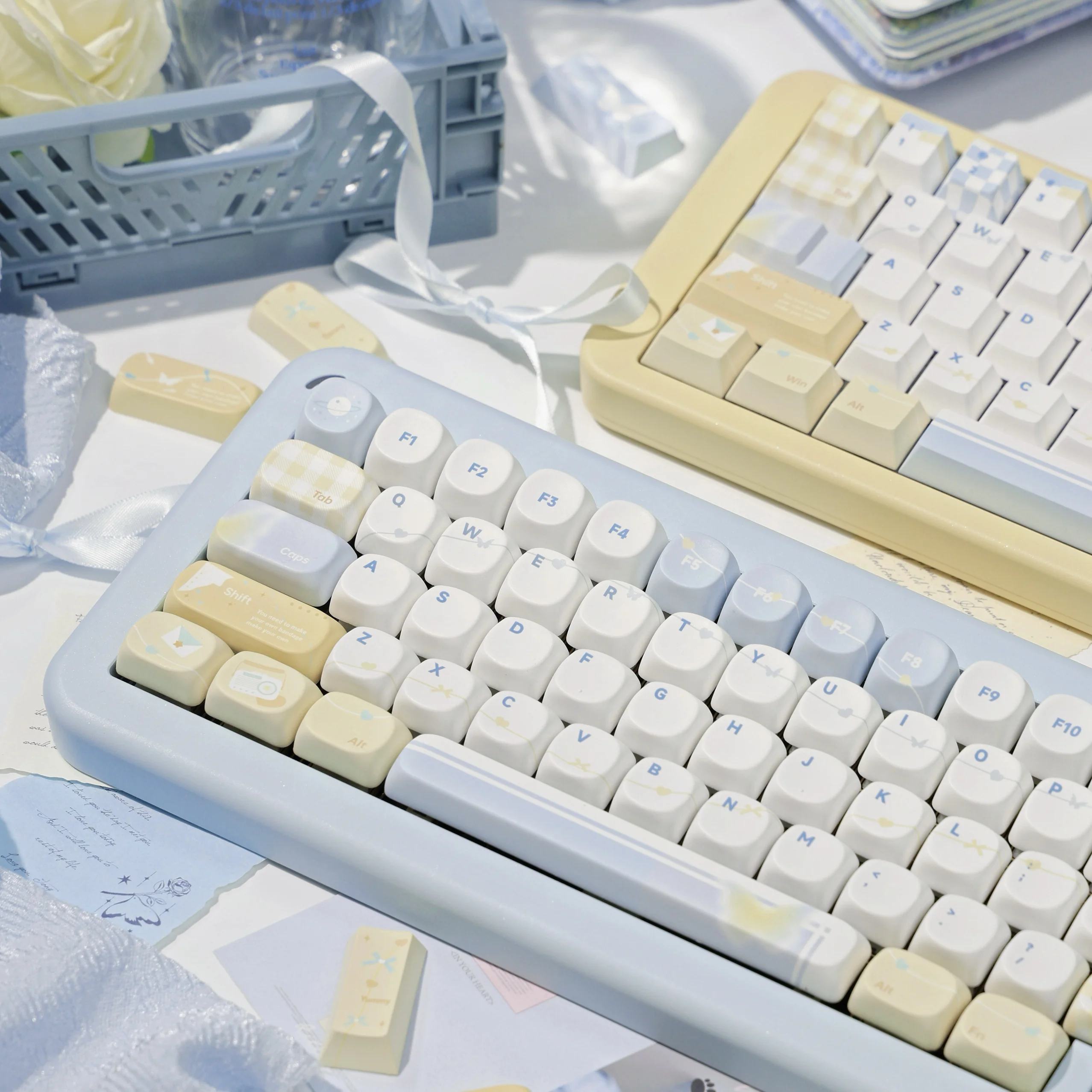 Blue Yellow Simple Theme Keycaps Set PBT 131 Cherry Profile Custom Original Handmade Keycaps for Mechanical Keyboard Accessories