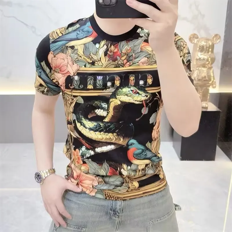 

Brand Retro 3D Snake Print Short Sleeved T-shirt for Men Round Neck Fun Casual T-shirts Luxury Social Nightclub Streetwear Top