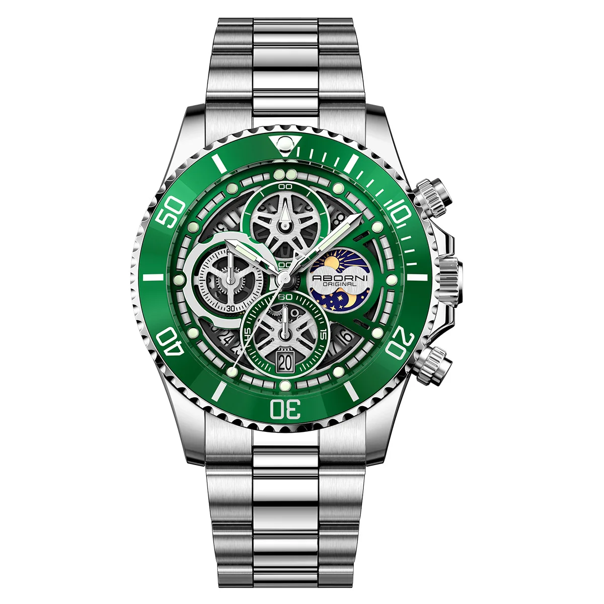 ABORNI Men’s Watches Top Brand Sport Watch Luxury Men Military Stainless Steel Quartz Wrist Watches Chronograph Design Men Clock