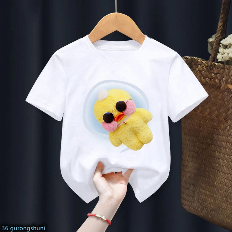 New Hot Lalafanfan T Shirt Cartoon Cafe Kawaii Duck Plush Toy Print Birthday Gift T-Shirt Funny Boys/Girls Tshirt Tops