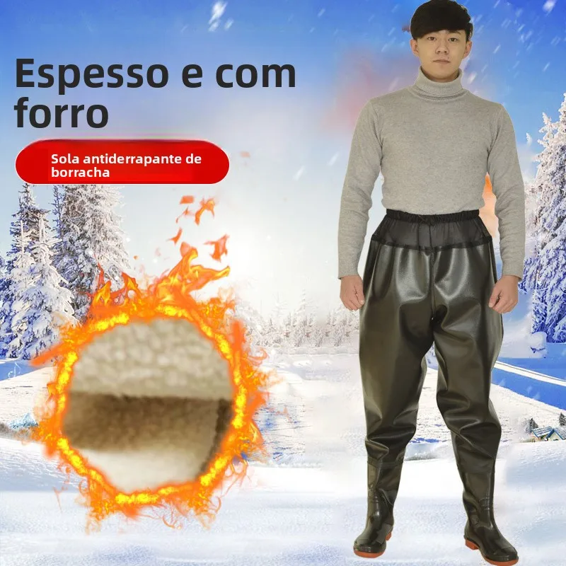full-body-waterproof-overalls-rain-suit-with-shoes-one-piece-fishing-boots-dam-men's-style-pvc-material-winter-outdoor-campin