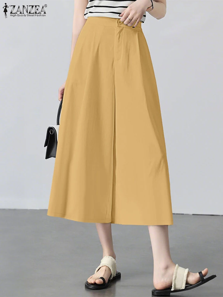 

ZANZEA Office Everyday Cropped Pants 2025 Summer Pleated Casual Womens Wide-Leg Trousers Fashion Loose Commute Solid Capris