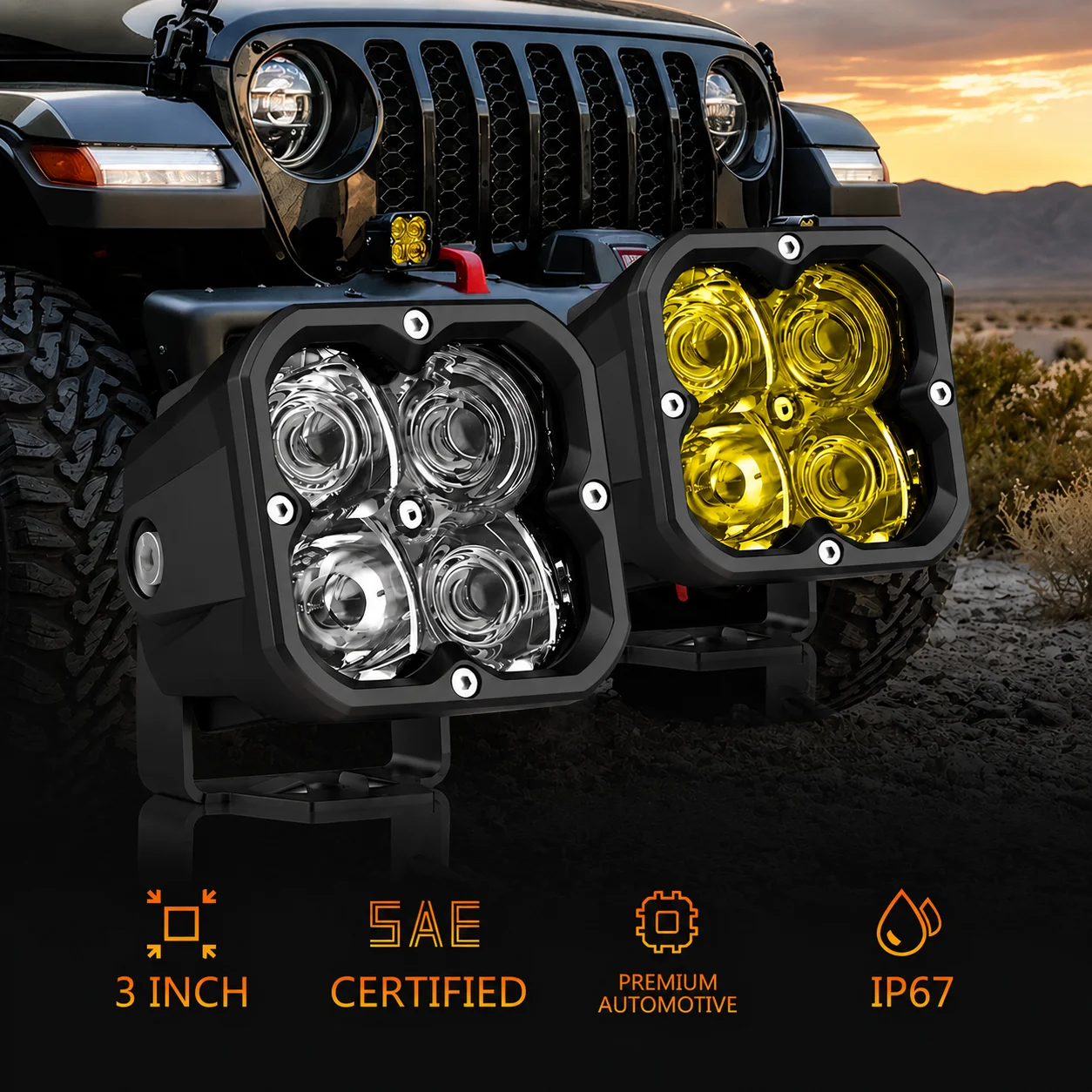 CN360 1PC Faro LED Cubo 3 Pollici 20W Bianco Giallo, Luce di Guida Spot/Fog/Flood 4×4, Lampada da Lavoro per Fuoristrada, ATV, SUV