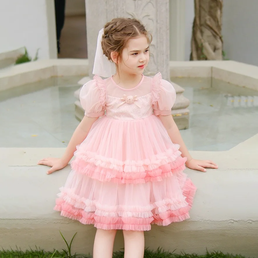 Girls Princess Dress Summer Cake Dress Sweet Puff Dress Kids Birthday Party Beautiful Mesh Gown Trend Casual Clothes 2-8 Years