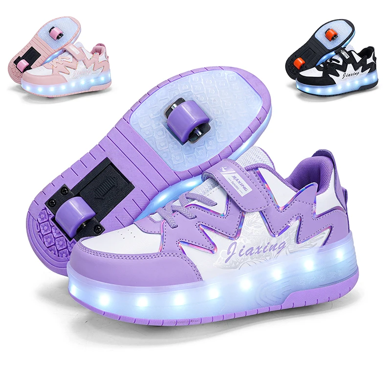 

Cool Low Top Children Removable Two Wheels Luminous Glowing Leather Sneakers Boys Girls USB Charging Led Light Roller Skate Shoe