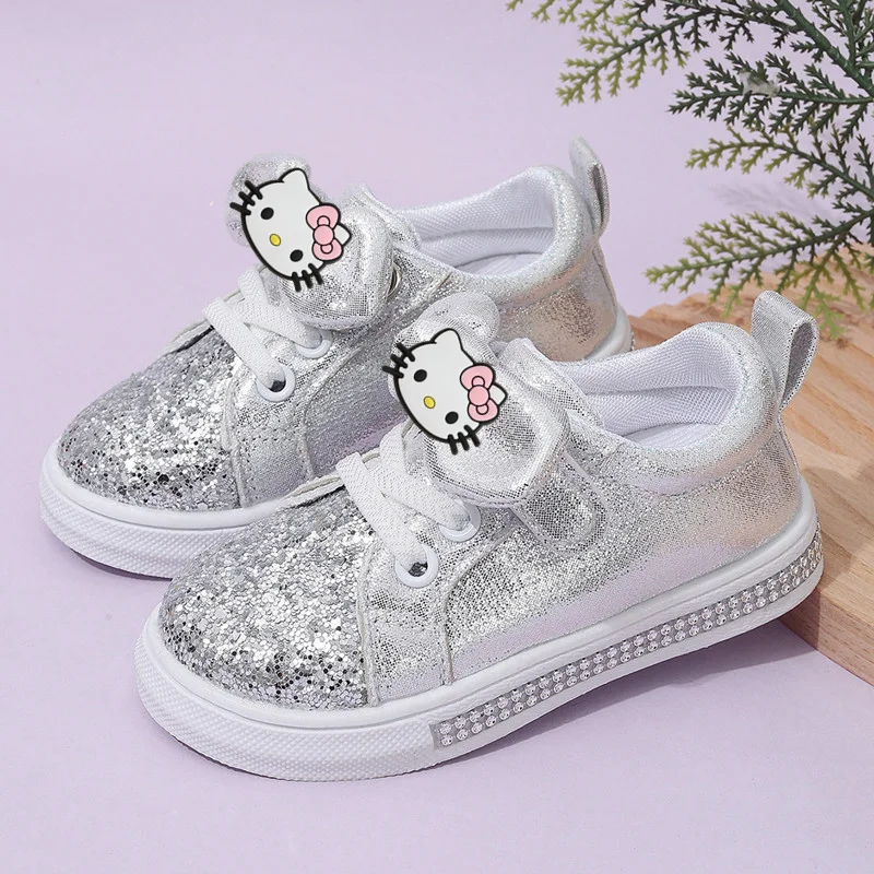 

Sanrio, весенне-осенняя студенческая обувь для малышей на мягкой подошве, детская обувь hello kitty, летняя повседневная обувь с блестками и бантом для девочек