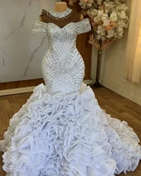 Customized Luxury  Shinny Crystals Beads Wedding Dress For Bride Organza Cascading Ruffles 2024 Arabic Aso Ebi  Bridal Gowns