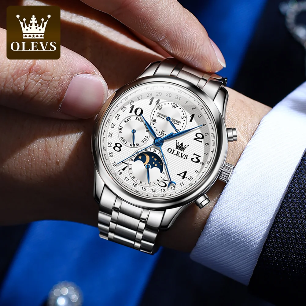 OLEVS 6667 Automatic Mechanical Watch for Men Multi Functional Date Waterproof Leather Strap Luxury Hand Clock
