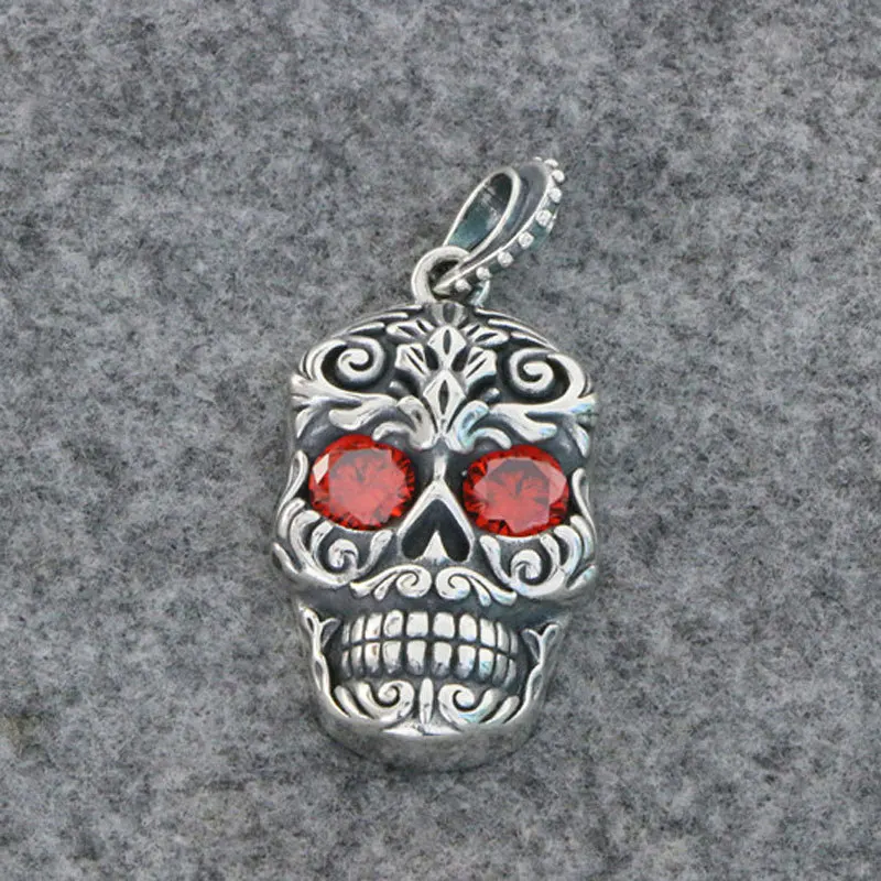 Gothic Style 925 Sterling Silver Red Eyed Skeleton Necklace Men's and Women's Fashion Tag Pendant Motorcycle Personality Cool Fe