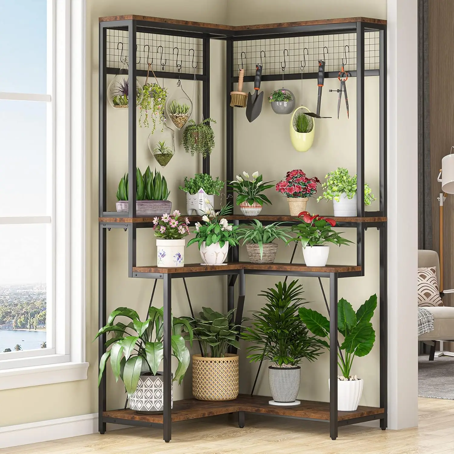 Corner Plant Stand Indoor, 67 Inch Tall Plant Shelf Flower Stands with 15 Hanging Hooks, Multipurpose Potted Plants H