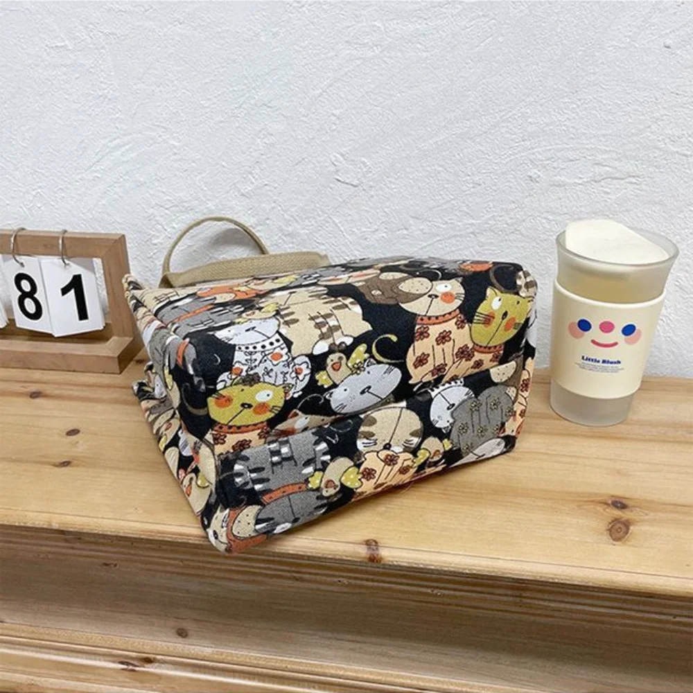 Cute Cartoon Print Lunch Bag Portable Canvas Bag Women\'s Casual Handbag Tote Purse For School Office Picnic Bag