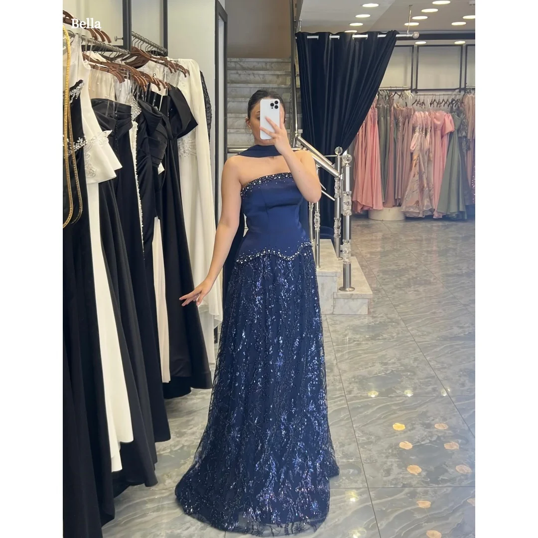 

Bella Customized Navy Blue Party Dresses Strapless Satin Bodice Prom Dress Sequin Skirt Rhinestone Trim Chiffon Floor Length