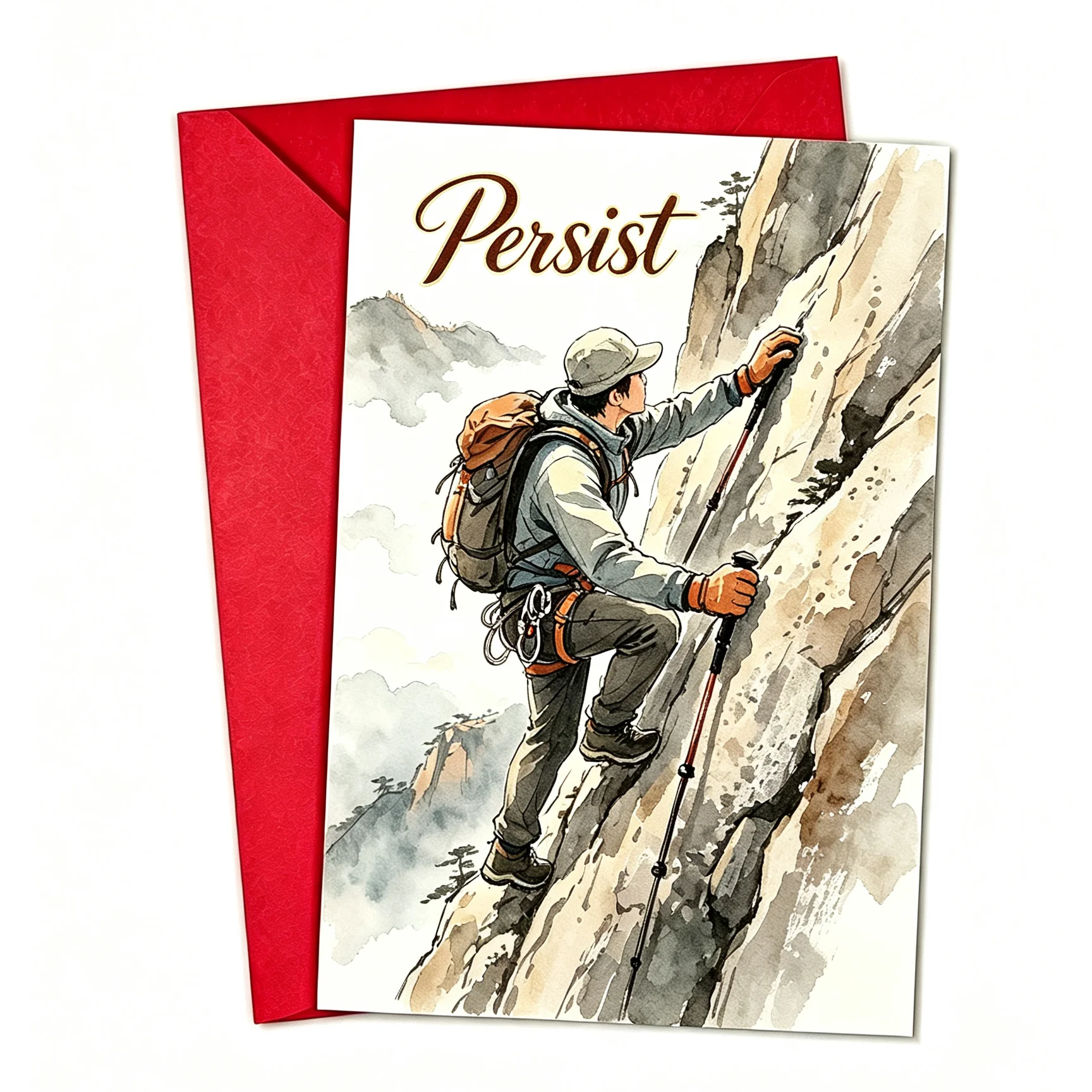 Carte de Vœux Motivante Alpiniste Lavis d'Encre avec Enveloppe Rouge Persévérez Carte d'Encouragement Cadeau pour Randonneurs Grimpeurs