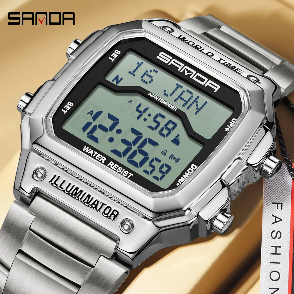 SANDA Brand Men Electronics Watch Waterproof Luminous Square Dial Man Wristwatch Digital LED Alarm Digital-watch Sport Watch