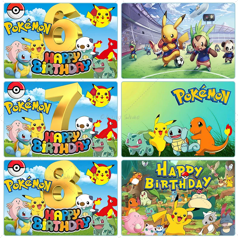 Pokemon Happy Birthday Photography Backdrop Decoration Kids Boy Baby Shower Pocket Monster Pikachu Anime Background Banner