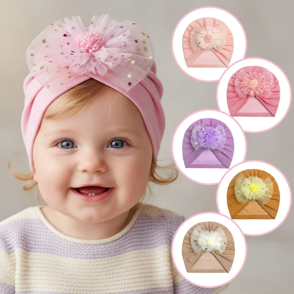 

2026 Spring Baby Turban Hat for Newborn Infant 0-2Y Mesh Sparkle 3D Flower Glitter Baby Cap Cute Infant Headwear Baby Photo Prop