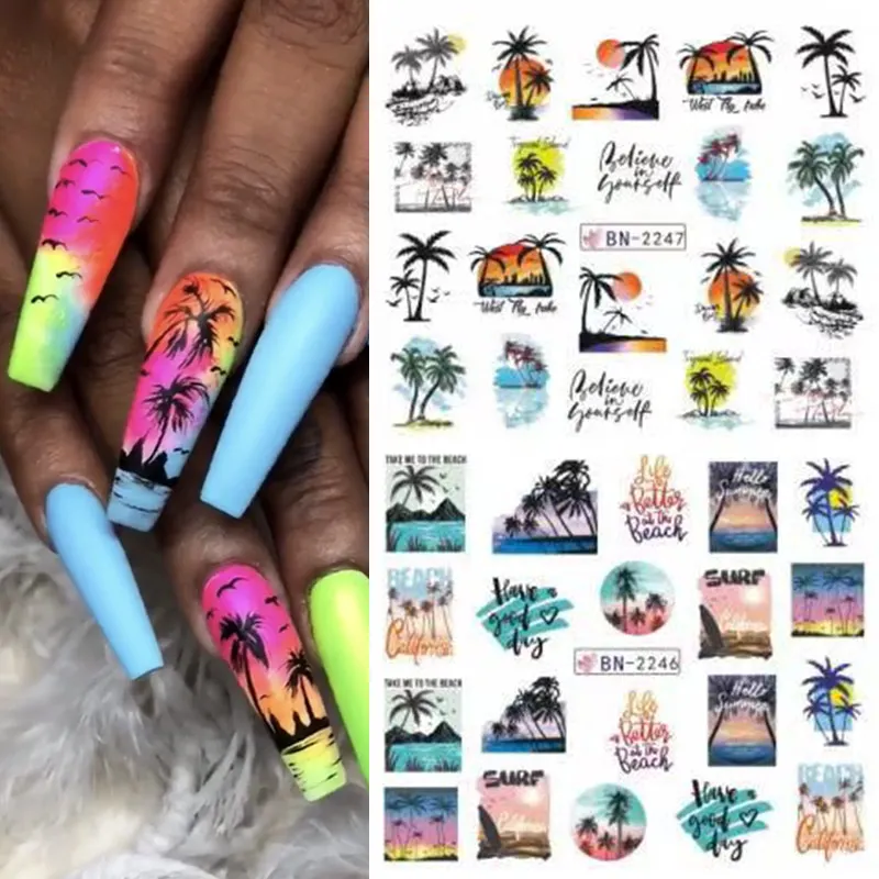 12 pcs/set Nail Sticker Set Palm Tree Flower Summer Design Water Decals Transfer Slider  Manicure Tips DIY Nail Art Decoration