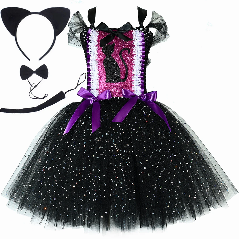 Brokatowy kostium czarny kot dla dziewczynek karnawałowe przyjęcie urodzinowe fantazyjne tiulowe Tutu sukienka maluch dzieci Halloween zwierząt kostiumy dla kotów
