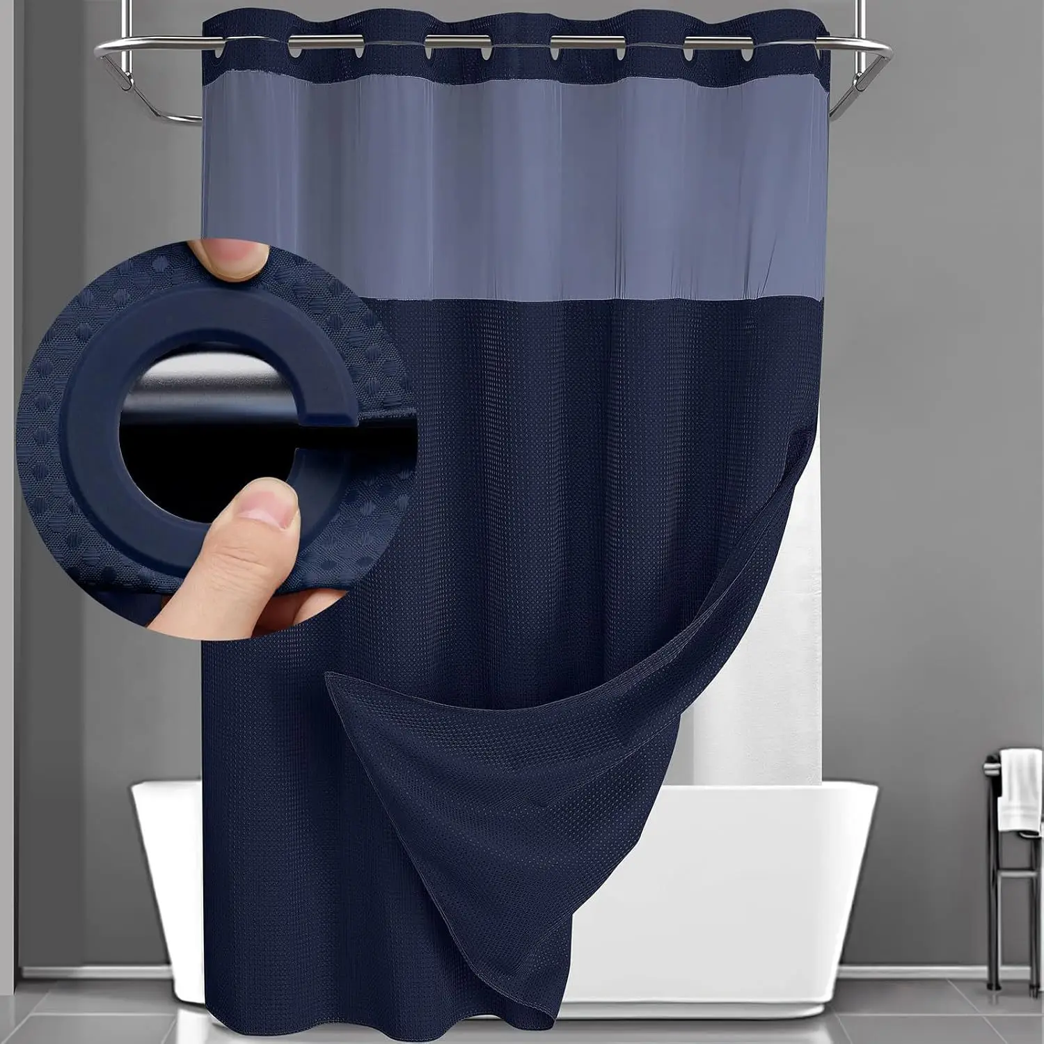 Hookless Shower Curtain Set Double Layer with Liner Removable White Waffle Bath Curtain