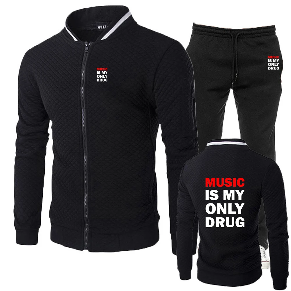 

2025 Music is My Only Drug Spring And Autumn Man's New Slim Fit Sets Cotton Jogging Cardigan + Daily Sports Pants Suit