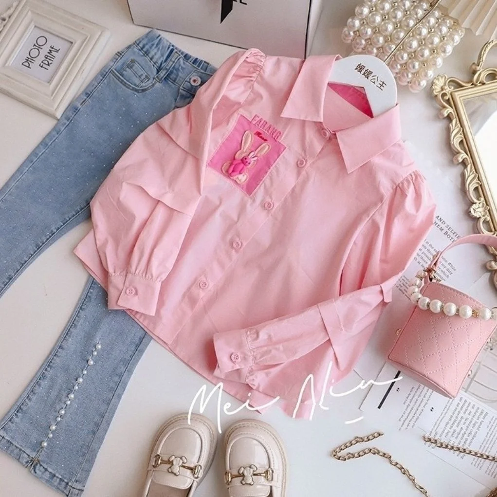 Retail 2023 New Baby Girls Fall Fashion Teenage  Sets  Pink Blouse   +  Jean Pants   Princess Sweet  Suits  4-10 T