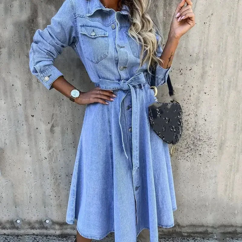 Women High Waist Lace-up Denim Dress Spring Autumn Long Sleeve Single-breasted Cardigan Dresses Female Casual Commuter Gown 2024