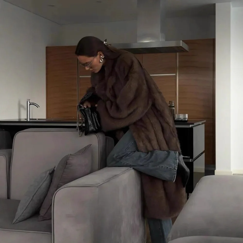 

Thickened Winter Women Artificial Fur Jacket Brown Suit Collar Coat Lady Eco Fur Outwear Fluffy Loose Long Female Faux Fur Coat